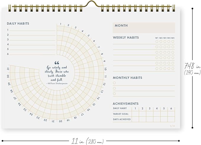 Undated Monthly Habit Tracker Calendar – Minimalist Spiral Wall Planner for Goals & Productivity, Daily/Weekly/Monthly Tracking, Wire-O Hanger, Thick 200 gsm Paper, Neutral Design