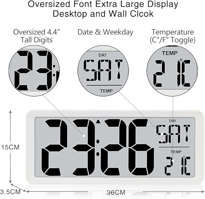 TXL 14.2" Large Digital Day Wall Clock, Custom 8 Languages Calendar, Count up-Down Timer and Temp Reminder, 12/24Hr Desktop Alarm Clock with Extra Large Display for Home Office Studio Hotel, White