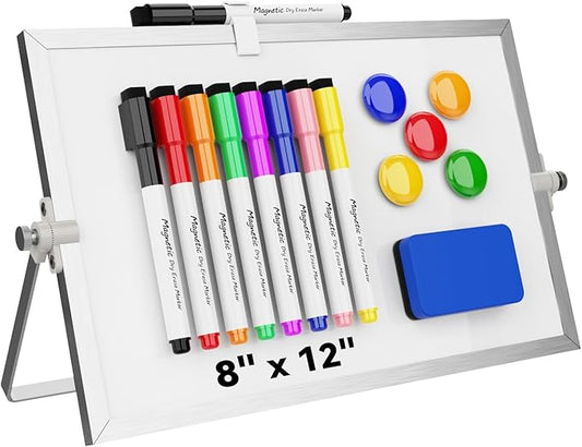 Dry Erase White Board, Cazeyoo Magnetic Desktop Whiteboard 8 x 12inch with Stand, 8 Markers, 4 Magnets and 1 Eraser, Portable Double-Sided White Board for Kids Drawing, Office, Home, School
