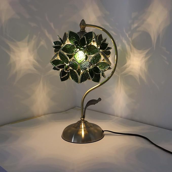 Bieye L11044 Tiffany Style Stained Glass Flower Petal Table Lamp with Brass Base for Home Décor (Green, 8" Rose Lily)