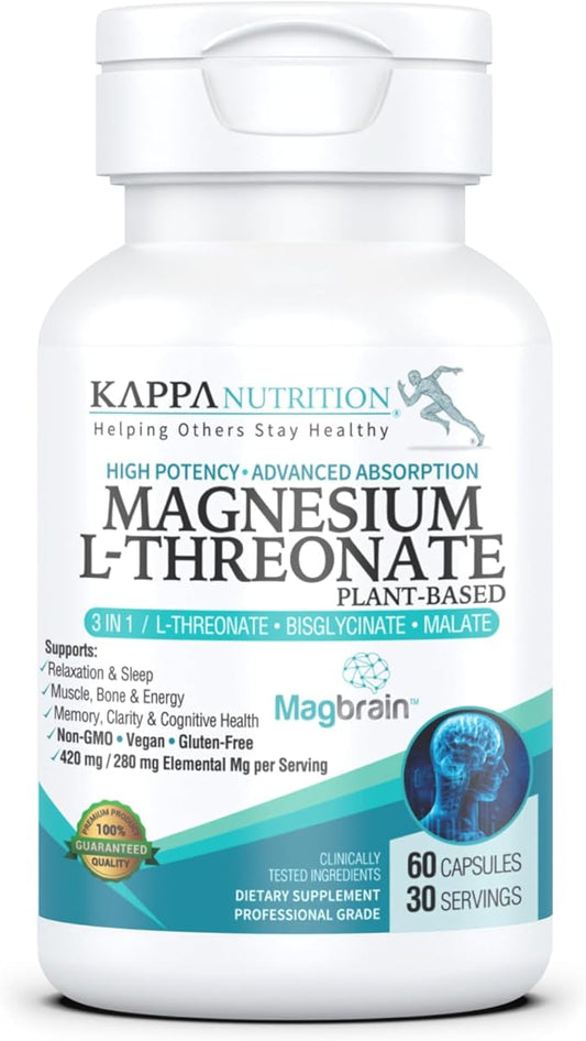 Kappa Nutrition Magbrain™ Magnesium L-Threonate Plant-Based, 420mg Elemental Magnesium (3 Capsules) from 2,253mg, 60 Vegan Capsules, Brain, Sleep & Muscle Support.