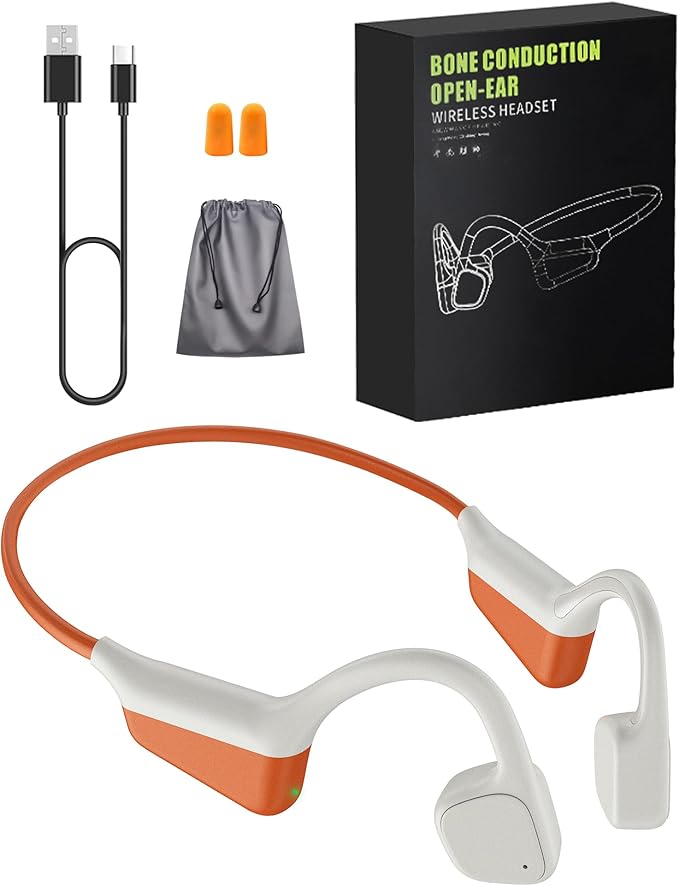 Open-Ear Bone Conduction Headphones, HiFi Dual Stereo Bluetooth Earbuds with Mic, Wireless Earphones Noise Cancelling, 18H Playtime, 27g Lightweight Comfort Headset for Running Cycling (Orange)