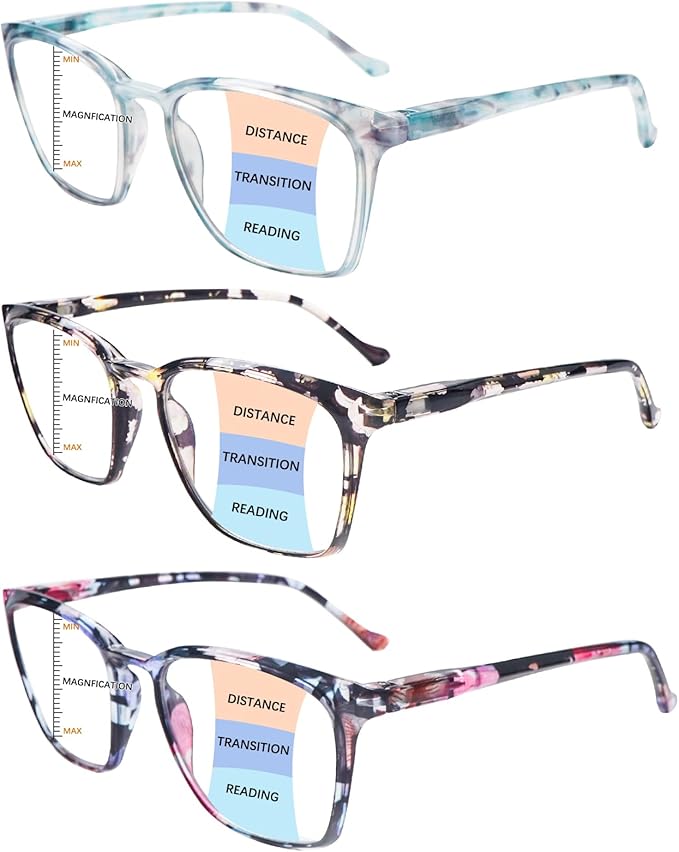 3 Pack Progressive Multifocal Reading Glasses Blue Light Blocking Spring Hinge Fashion Print Eyeglasses for women
