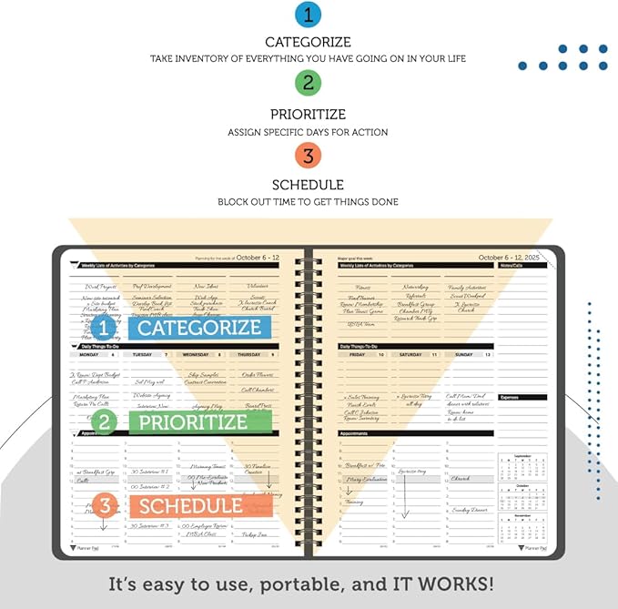 Planner Pad Spiral Bound 3-Tier Funnel Down 12 Month Organizer, October 2025 – September 2026, Black Cover/Black Ink, 6 3/4" x 8 1/2"