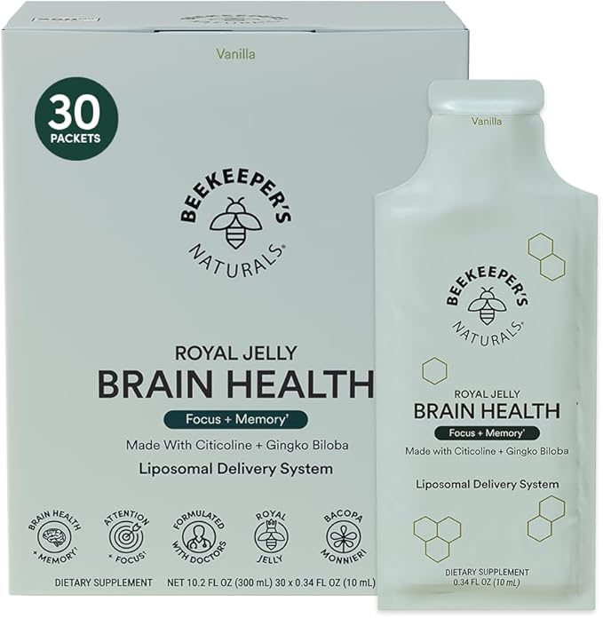 Nootropic Brain Supplement by Beekeeper's Naturals, 500mg Citocoline, Ginkgo Biloba, Bacopa Monnieri & Royal Jelly, Supports Focus & Memory, Easier Absorption, Plus a Tasty Vanilla Flavor, 30ct