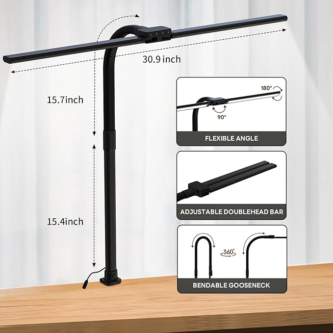 LED Desk Lamp for Home Office, Eye-Caring Desk Light with Clamp, 15W Double Head Architect Task Lamp Stepless Dimming, Flexible Gooseneck Bright Table Lamp for Study Reading Workbench Drafting