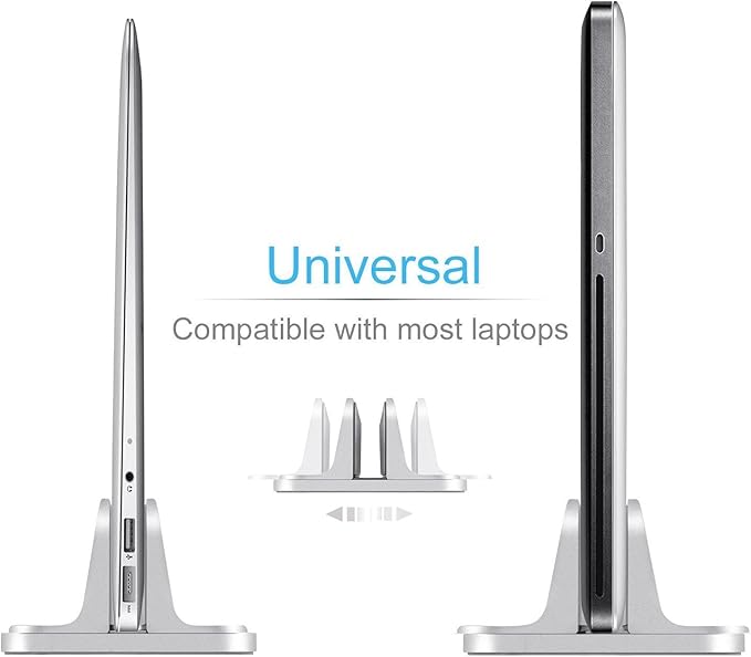 Vertical Laptop Stand for Desk [Adjustable] Sturdy Aluminum Dock Fits All Laptops (up to 20.3 inches) Space Saving, Modern Compact Holder, Compatible with MacBook Pro/Air, Surface, HP, Dell (Silver)
