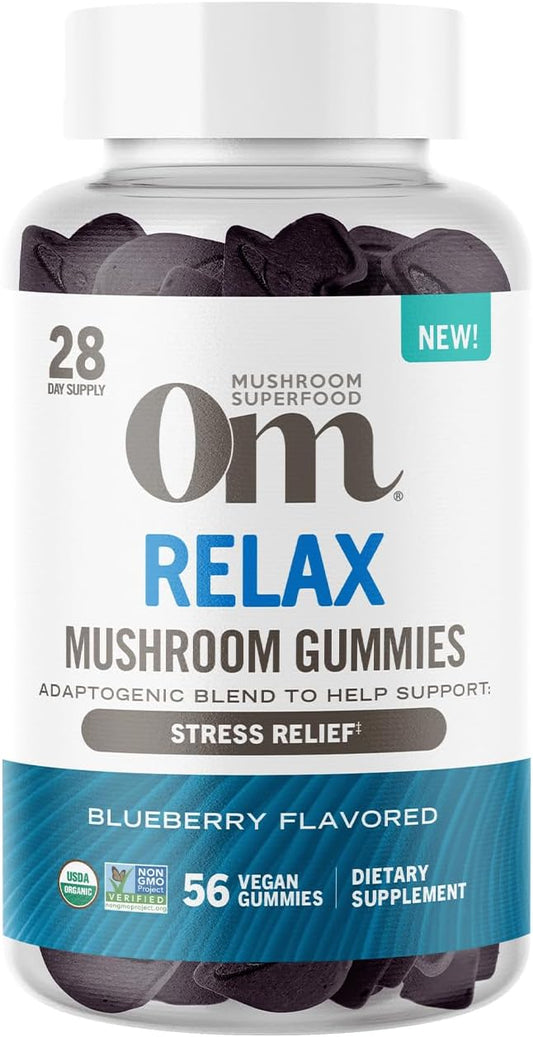 OM MUSHROOM SUPERFOOD Relax Gummies, 28 Servings, Blueberry Gummy Supplement with Reishi and Ashwagandha for Stress Relief