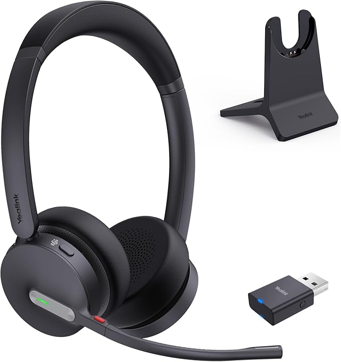Yealink WH64 Hybrid Wireless Headset Dongle & Charging Stand, 492ft Range DECT&Bluetooth Headphones for Teams, Zoom UC,Dual Ear Noise Cancelling Portable Headsets with 3X Mic, 32H Calls,(PC/Phone)