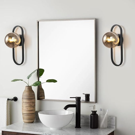 Wall Sconces Set of Two,Matte Black Wall Light Sconces with Grey Globe Glass Shade for Living Room and Bedrooms