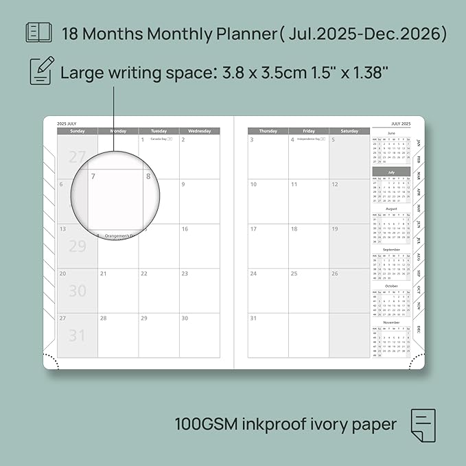 POPRUN Monthly Planner 2025-2026 (Medium- 6.5'' x 8.5'' Soft Cover), 18-Month Calendar Book (Jul.2025-Dec.2026), Calendar Planner with Monthly Tabs & Pocket, 100 GSM Paper - Black