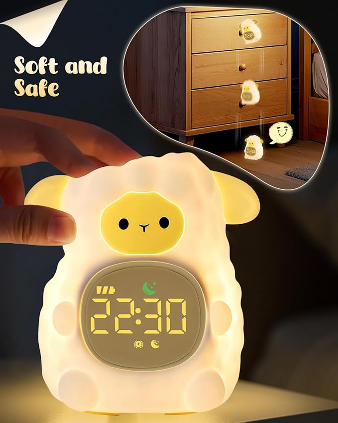 Sheep Alarm Clock for Kids with Night Light, Sleep Training Clock Time to Wake Clock, Rechargeable Silicone Light for Bedroom, Perfect Sleep Companion for Boys Girls