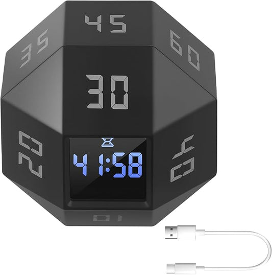 Flip Gravity Timer - 12-Side Time Management Cube with Preset Intervals, Silent Productivity Tool for Office, Study & Gym, Portable Focus Timer (Black)