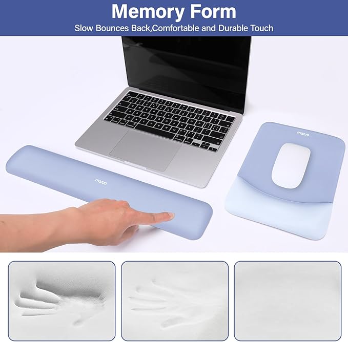 MOSISO Wrist Rest Support for Mouse Pad&Keyboard Set, Rectangular Ergonomic Mousepad Non-Slip Base Home/Office Pain Relief&Easy Typing Pad with Neoprene Cloth&Raised Curved Memory Foam, Slate Blue