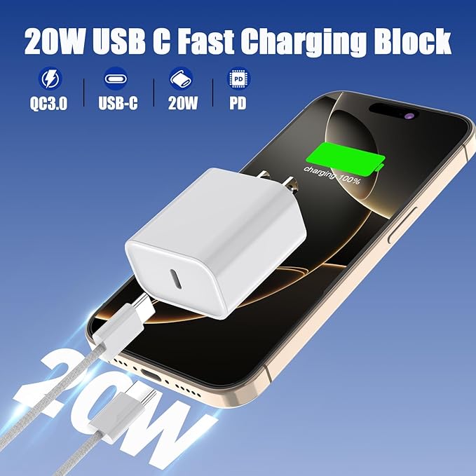 Fast Charger for iPhone 17 16,【Apple MFi Certified】20W Type C Wall Charger Block with 10Foot USB C to C Woven Braided Cable for iPhone 17/17 Air/17 Pro Max/17 Pro/16/16 Pro Max/16 Plus/15/iPad/Airpods