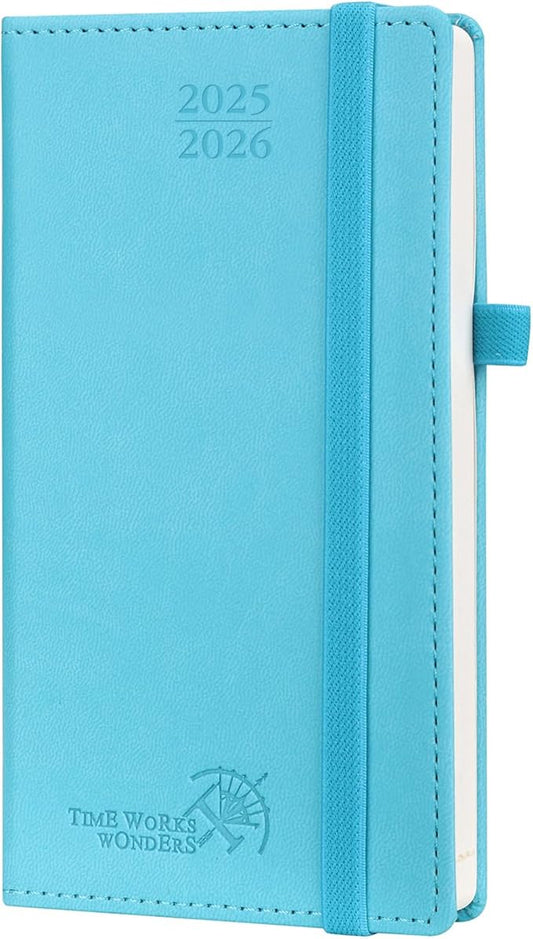 POPRUN Pocket Planner 2025-2026 (Slim Size 3.5'' x 6.5'') 17 Months Academic Calendar (Aug.2025 - Dec.2026), Weekly Appointment Book with Vegan Leather Hard Cover - Blue Green