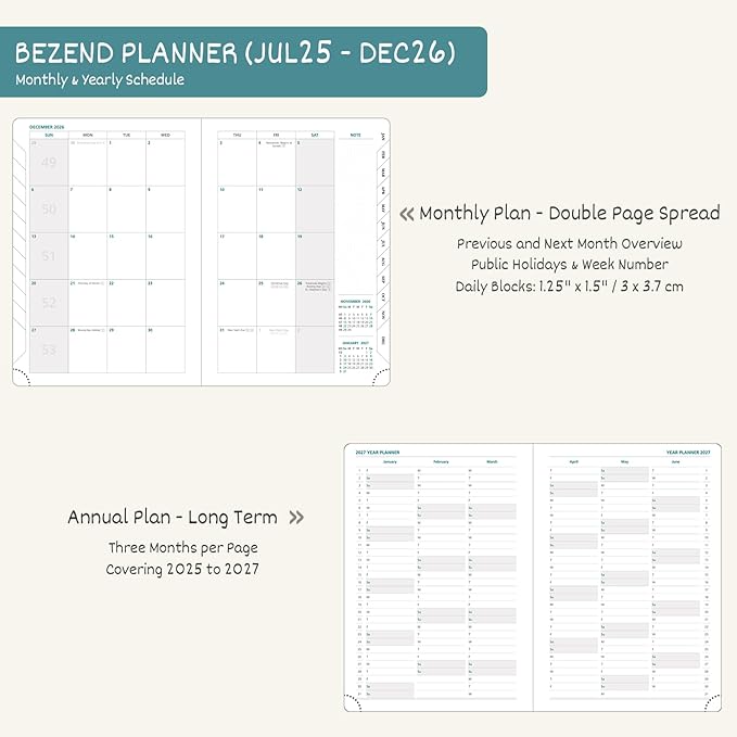 BEZEND Planner 2025-2026 Weekly and Monthly, 5.8" x 8.5" Academic Calendar (Jul 25-Dec 26) Vertical Daily Appointment with Hourly Timeslot & Monthly Tab, PU Leather Hardcover - Cornflower