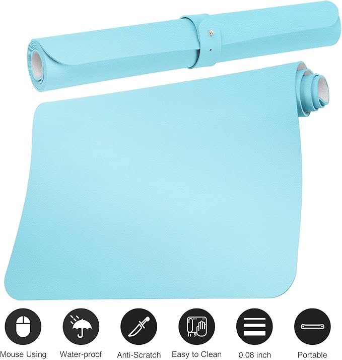 Boutilon Leather Desk Pad Protector,Non-Slip Mouse Pad,Laptop Desk Pad,Office Mouse Mat,Waterproof Leather Desk Blotter,Desk Writing Pad for Office and Home (S-Light Blue,24"x 14")