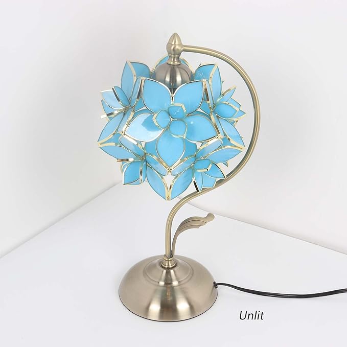 Bieye L11022 Tiffany Style Stained Glass Flower Petal Table Lamp with Brass Base for Home Décor (Sky Blue, 8" Rose Lily)