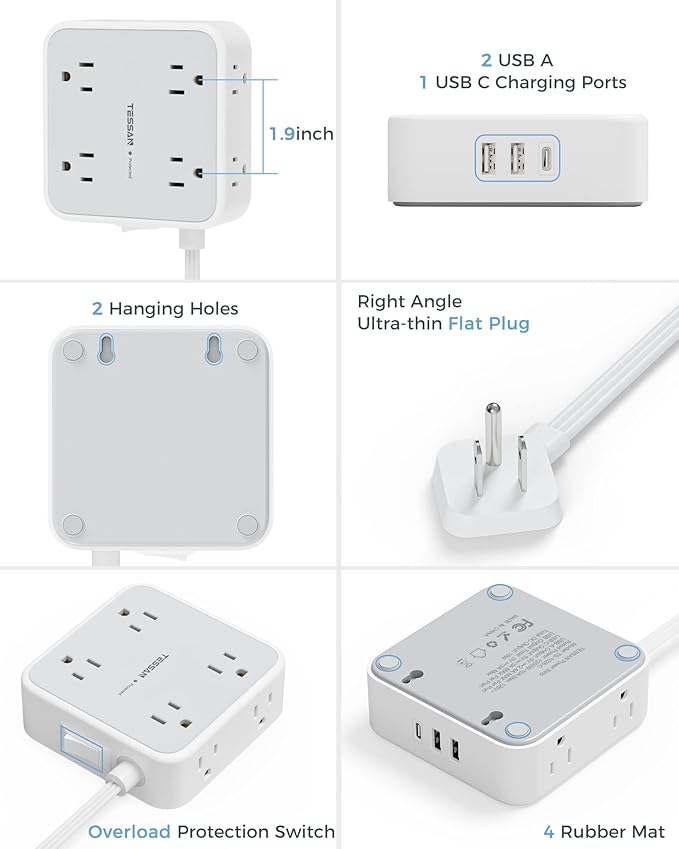 TESSAN Power Strip Surge Protector 10 Ft Cord, 8 AC Outlets, 3 USB Charger(1 USB C Port), Ultra Thin Extension Cord, Flat Plug, 900 Joules Protection, Desk Charging Station for Home, Office
