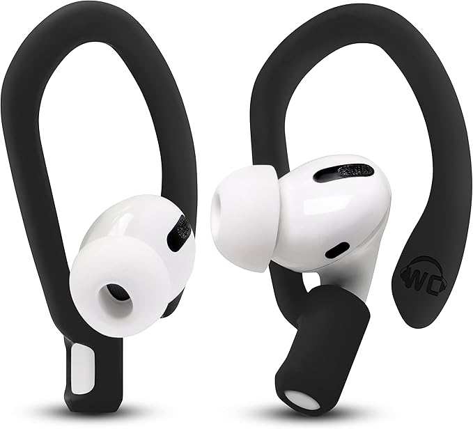 WC HookZ - Patented Upgraded Over Ear Hooks for AirPods Pro 1, 2 & AirPods 1, 2 & 3- Two Size Pairs Included in Package, Unique Left & Right Hook, Made by Wicked Cushions | Pitch Black