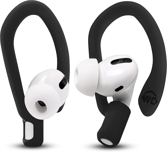 WC HookZ - Patented Upgraded Over Ear Hooks for AirPods Pro 1, 2 & AirPods 1, 2 & 3- Two Size Pairs Included in Package, Unique Left & Right Hook, Made by Wicked Cushions | Pitch Black