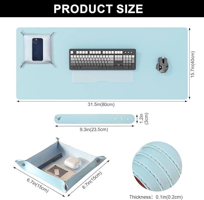 DAWNTREES Dual Sided Desk Mat,Leather Desk Pad,Cork Desk Mat Protector,with PU Leather Valet Tray Organizer,Large Mouse Pad,Desk Writing Pad for Office and Home(Light Blue 31.5"x15.8")