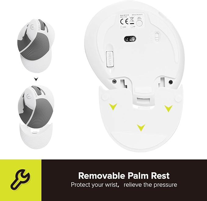 DeLUX Rechargeable Ergonomic Wireless Mouse Silent, 1600DPI, Reduce Hand and Wrist Pain, Vertical Mouse with USB Receiver and BT 5.0, 6 Buttons and Removable Palm Rest (M618G DB-White)