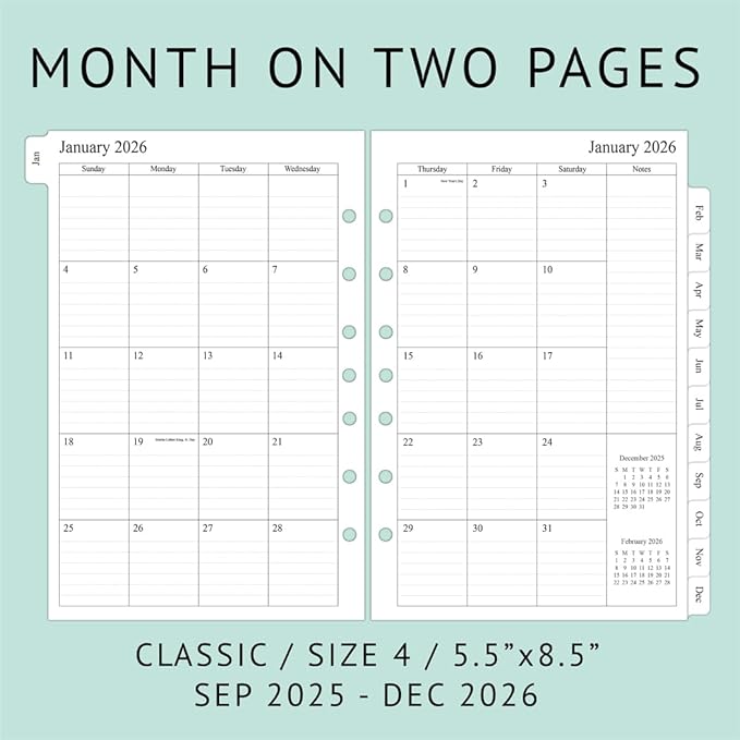 newestor 2025-2026 Monthly Planner Refills 5.5" x 8.5" for Mini Binder, 16 Months from Sep 2025 to Dec 2026, Desk Size