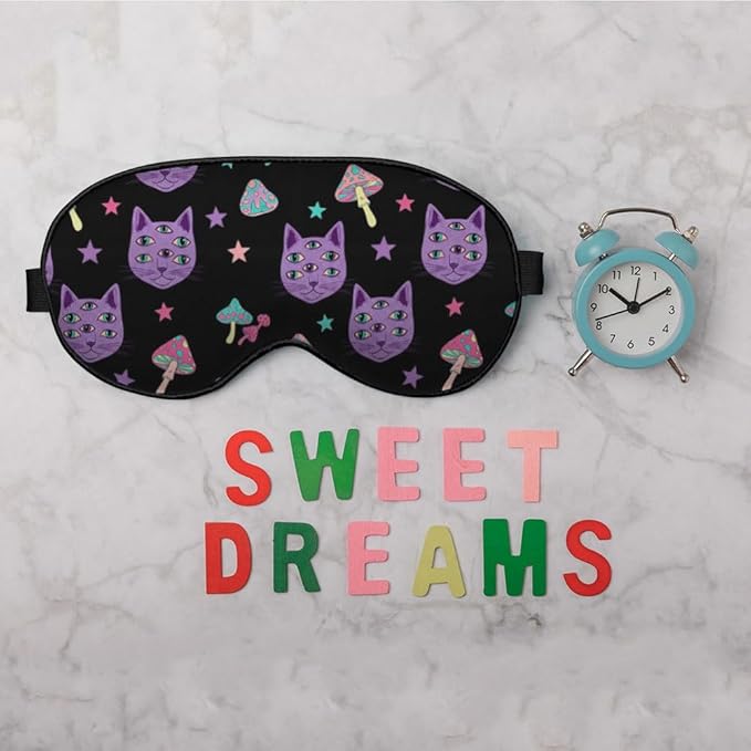 Cat Mushrooms Silk Eye Mask Sleep Mask Bright Psychedelic Cat Halloween Black Eye Mask with Adjustable Strap Lightweight for Women Work Travel Night Sleep