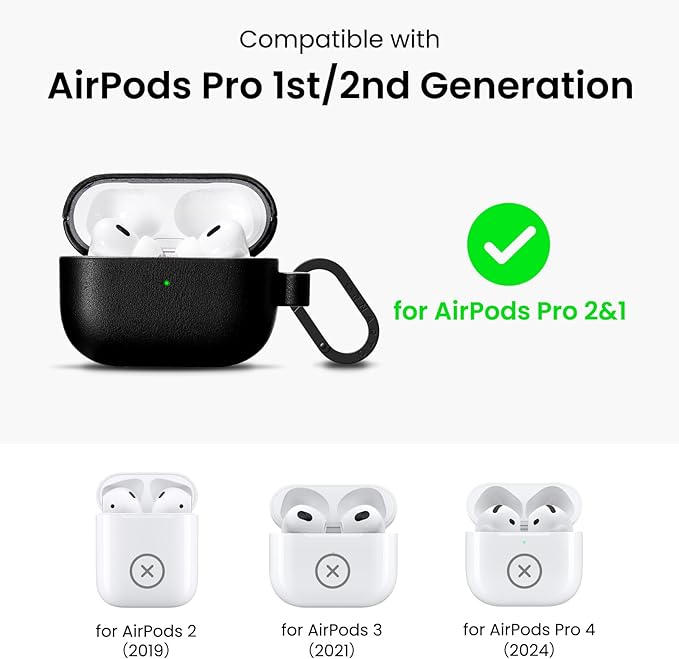 ORNARTO Compatible with AirPods Pro 2 Case, Full Protective Leather Cover with Carabiner, for Airpods Pro Case 2nd / 1st Generation (2022/2019), Front LED Visible,Midnight Black