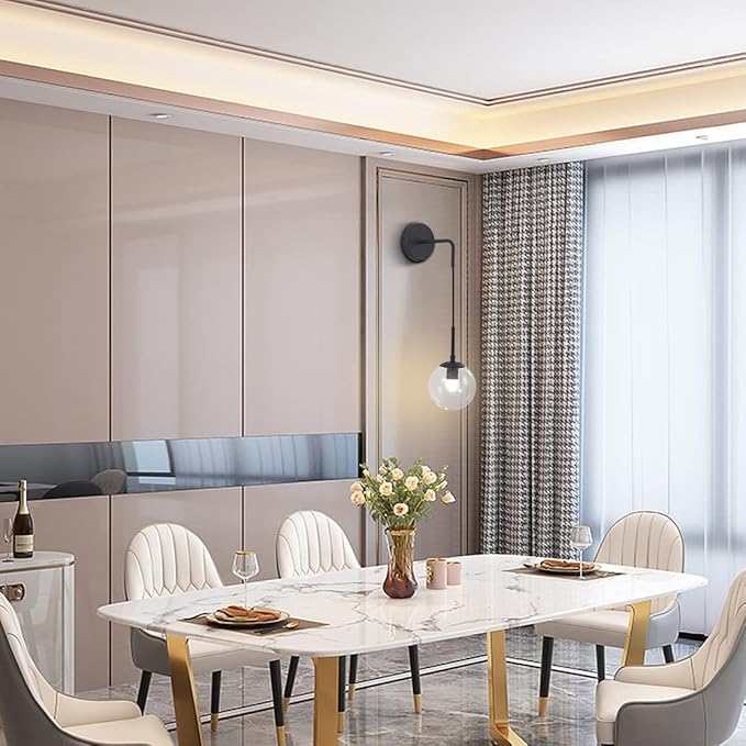 BOKT Mid Century Modern Black Wall Sconce Light Clear Glass Globe Ball Wall Lighting Minimalist Adjustable Bedside Wall Lamp 1-Light Vanity Bathroom Wall Light Fixture (Black+Clear)