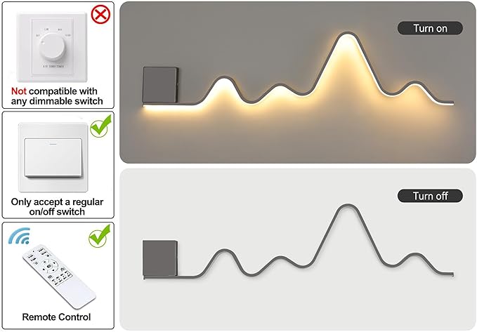 Qcyuui Modern Wall Sconce with Remote Control 43.3inch Dimmable LED Wall Lights Led Wall Sconce Indoor Wavy Long Linear Wall Lamps for Living Room Bedroom Hallway Staircase, 30W