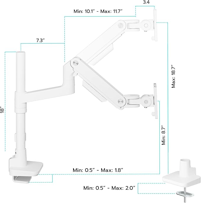 ARES WING Heavy-Duty Monitor Mount for 17-49 inches Ultrawide Curved Flat Monitors, Holds 44lbs, with Extended Column for Desk, Adjustable Gas Spring, White