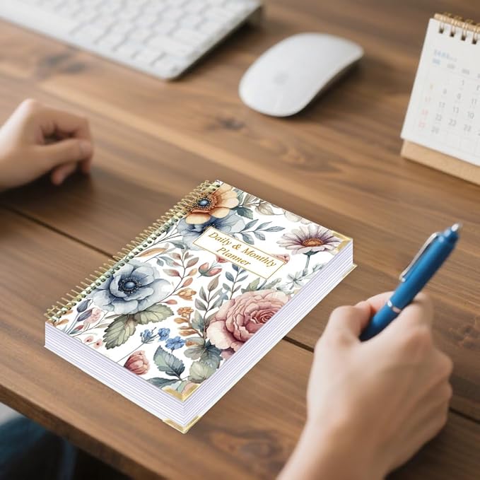 Undated Daily Monthly Planner for 2025 2026 - A5 To Do List with Hourly Schedule, Hardcover Spiral Bound Daily Planner to Increase Focus, Stylish School/Office Supplies, 5.8" x 8.5", Flower