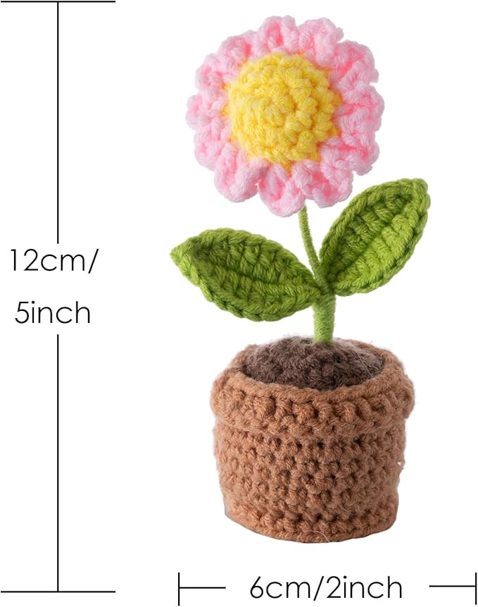 Handmade Crochet Flowers, Small Potted Plants, Knitted Desk Decorations for Home Office Decor, 5 Inches Pink Artificial Flower (Sunflower)