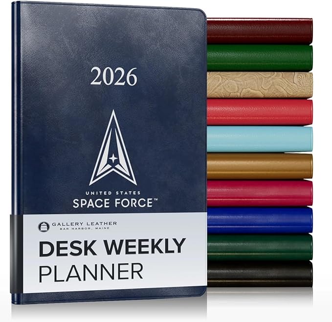Gallery Leather Desk Weekly Monthly Planner 2025-2026, Elegantly Bound Calendar Planner and Notebook with Stylish Gold-Gilded Page Edges, 12 Months - Acadia Navy - US Space Force - 8 x 5.5 "