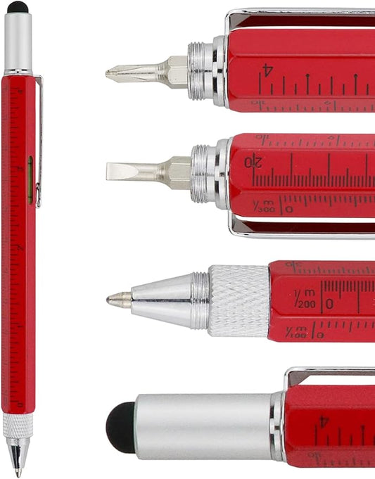 HeTaoCat Gifts Multi Tech Tool - 6 in 1 Stylus Pen with Screwdriver, Ruler, Level Gauge, Ballpoint Pen (Black Ink, Red)