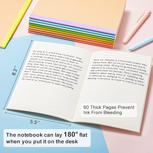 feela 16 Pack Composition Notebook Bulk, Kraft Cover Lined Blank College Ruled Travel Journals with Pastel Color Spine For Women Students Office, 60 Pages, 8.3”x 5.5”, A5, 8 Pastel Colors