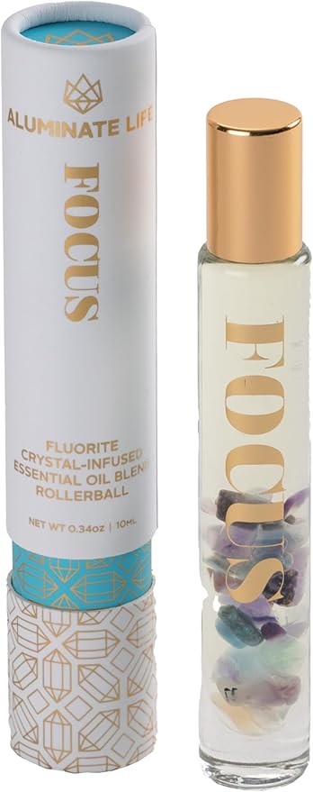 Essential Oil Rollerballs, .34 OZ, Focus - Fluorite Crystal Infused - Scents of Orange, Ginger, Ylang-ylang, & Lavender - Aromatherapy Roll On Oils, Skin Care, Massage