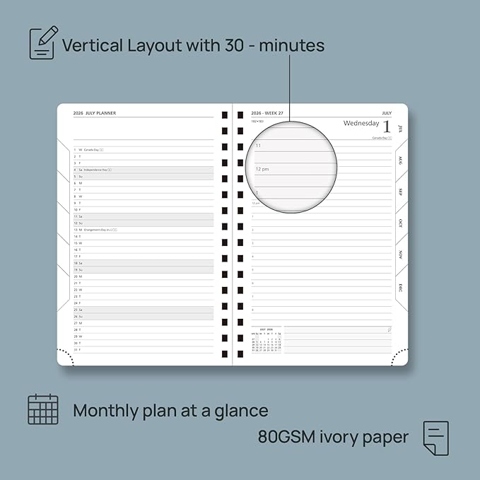 POPRUN 2026 Daily Planner One Page A Day - [8.5" x 5.75" Wire-Bound Hard Cover] Agenda 2026 Hourly Appointment Book with Monthly Calendar, Inner Pocket, Ivory Paper - Light Yellow