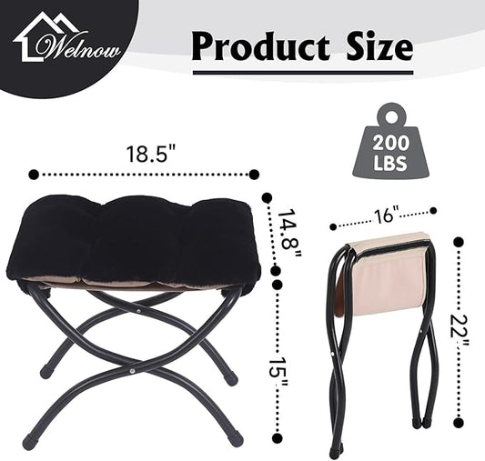 Welnow Folding Foot Stool, Upholstered Small Accent Ottoman with Detachable Thick Cotton Cushion Padded Sofa Stool and Metal Frame for Lazy Chair, Living Room, Bedroom, Plush Black