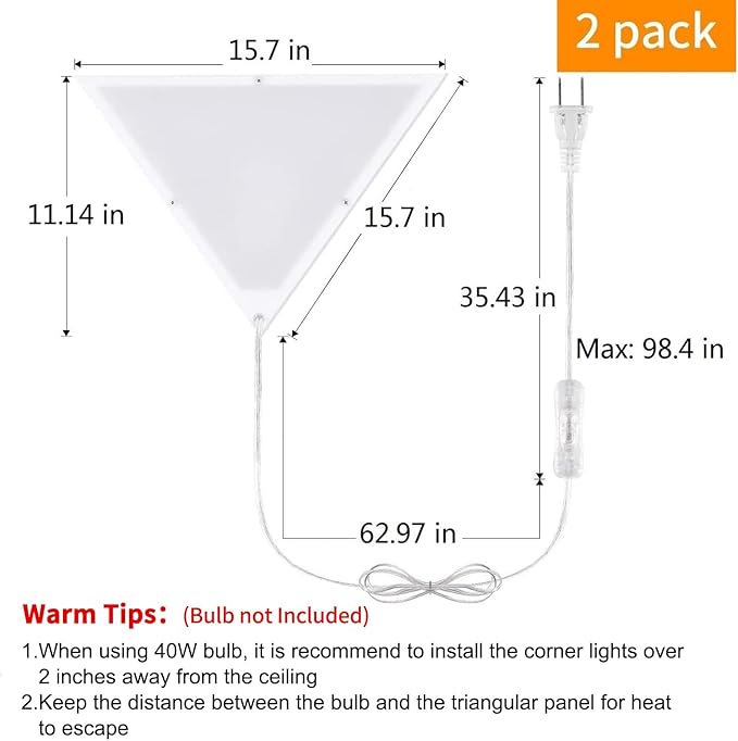 Corner Lights for Living Room, 2 Pack Corner Light with Switch, Plug in Ceiling Light with Acrylic White Shade, Modern Triangle Lights for Wall, Corner Lights for Bedroom, Office, Apartments