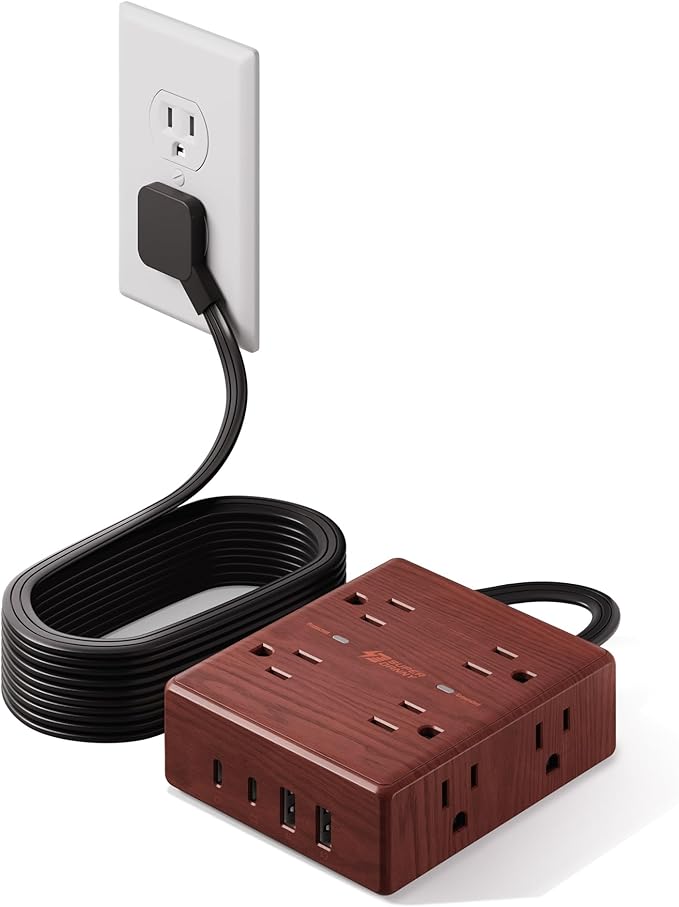 Brown Extension Cord 10Ft, Flat Plug Power Strip Surge Protector, 8 Outlet 4 USB Ports (2 USB C), Wall Mountable, Decorative Wood Charging Station for Home Office Desk Accessories —Walnut Wood