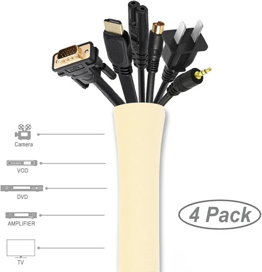 JOTO 4 Pack Cable Management Sleeve, 19-20 Inches Cord Organizer System with Zipper for TV Computer Office Home Entertainment, Flexible Cable Sleeve Wrap Cover Wire Hider System -Beige