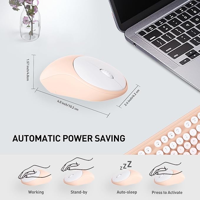 Wireless Keyboards Mouse Combos, Colorful Cute Typewriter Full-Size Retro Round Keycaps, 2.4GHz Cordless Sleep Mode Office Quiet Wireless Keyboard and Mouse Set for Desktop Laptop PC Computer