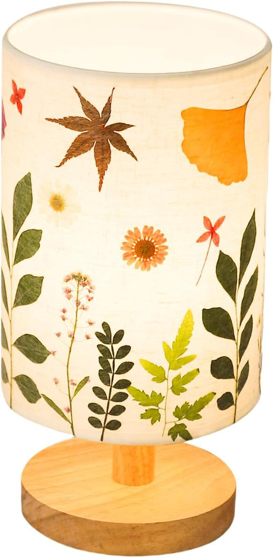 Pressed Flowers Table Lamp 5W LED 3Color Temperatures Dried Flower Bedside Lamp Linen Shade with Wood Base for Bedroom Living Room Desk Office