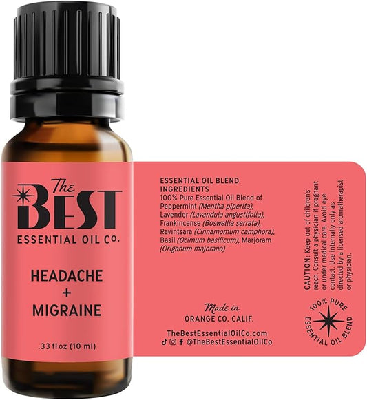 The Best Headache + Migraine Essential Oil Blend- Premium Grade- 100% Pure & Natural for Aromatherapy, Diffuser, Spa, Massage, Air Freshener- 10 ml (.33 fl oz)