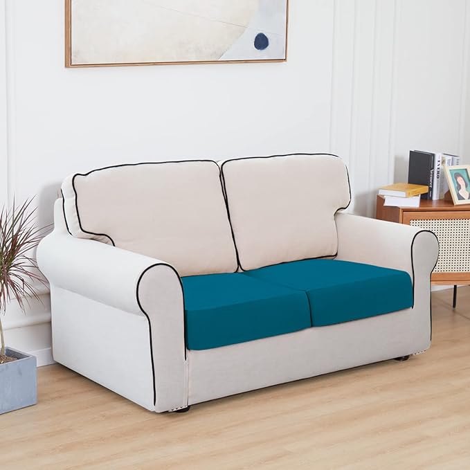 Easy-Going 100% Waterproof Chair Sofa Seat Cushion Slipcovers Couch Cushion Cover Stretch Furniture Protector for Kids, Pets (2-Piece Loveseat Cushion, Peacock Blue)