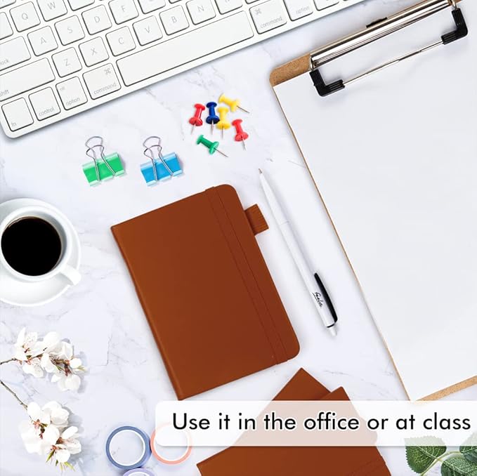 feela 3 Pack Pocket Notebook Journals, Mini Cute Small Journal Notebook Bulk Hardcover College Ruled Notepad with Pen Holder for Office School Supplies, with 3 Black Pens, 3.5”x 5.5”, A6, Brown